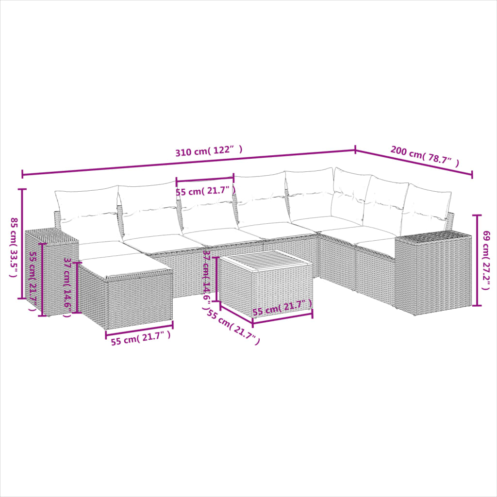 Set Divano da Giardino 9 pz con Cuscini Grigio in Polyrattan 3225584