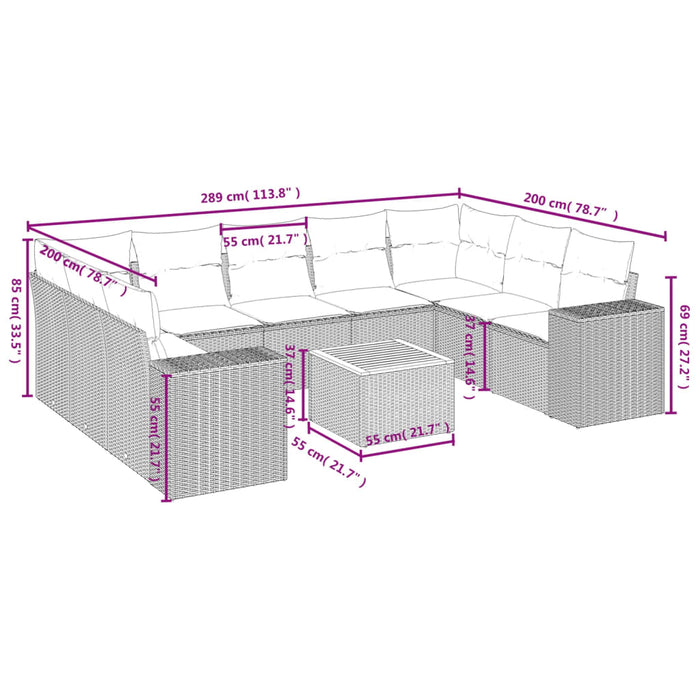 Set Divani da Giardino 10pz con Cuscini in Polyrattan Nero 3225586