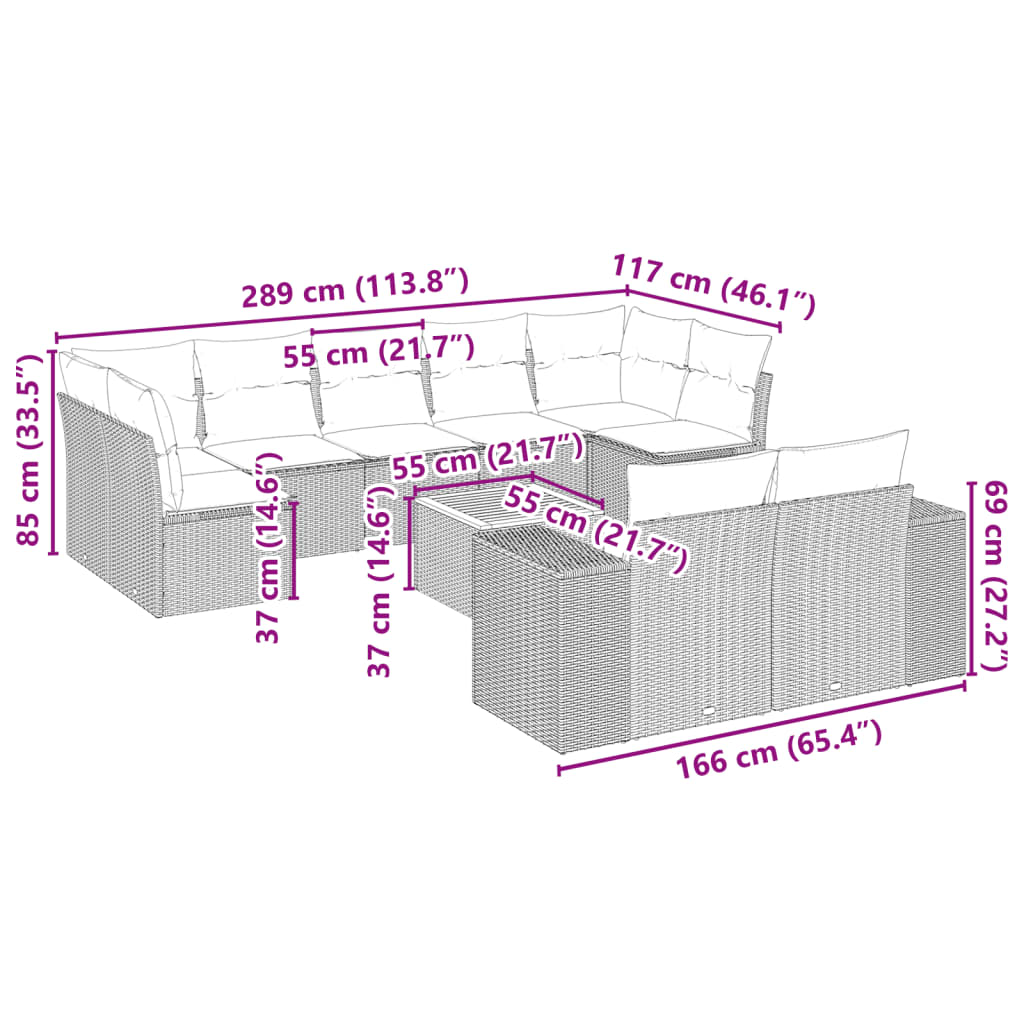 Set Divano da Giardino 10 pz con Cuscini Grigio in Polyrattan 3225598