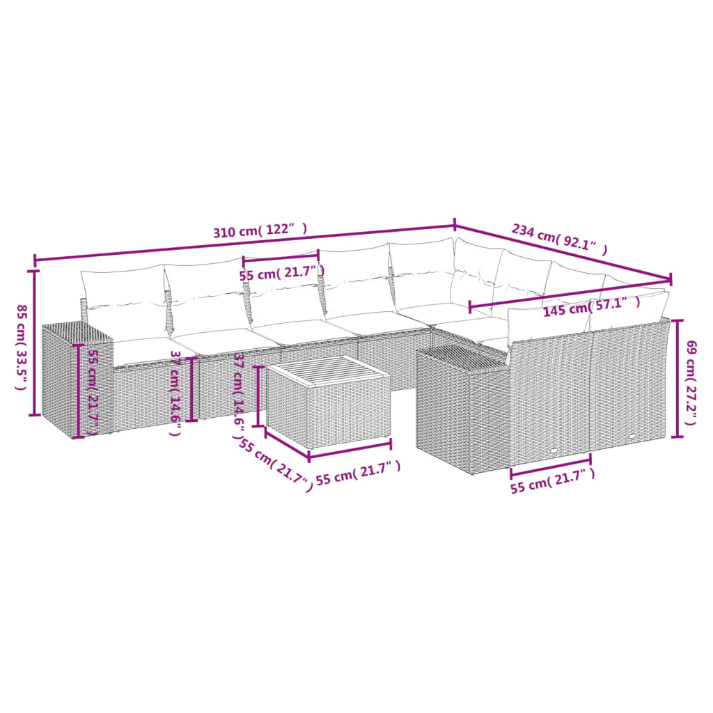 Set Divano da Giardino 10 pz con Cuscini Grigio in Polyrattan 3225605