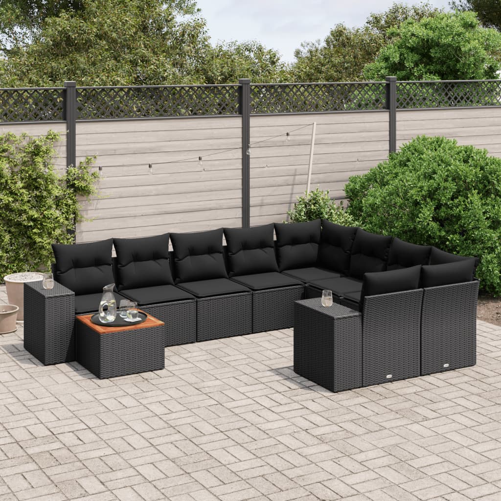 Set Divani da Giardino 10pz con Cuscini in Polyrattan Nero 3225607