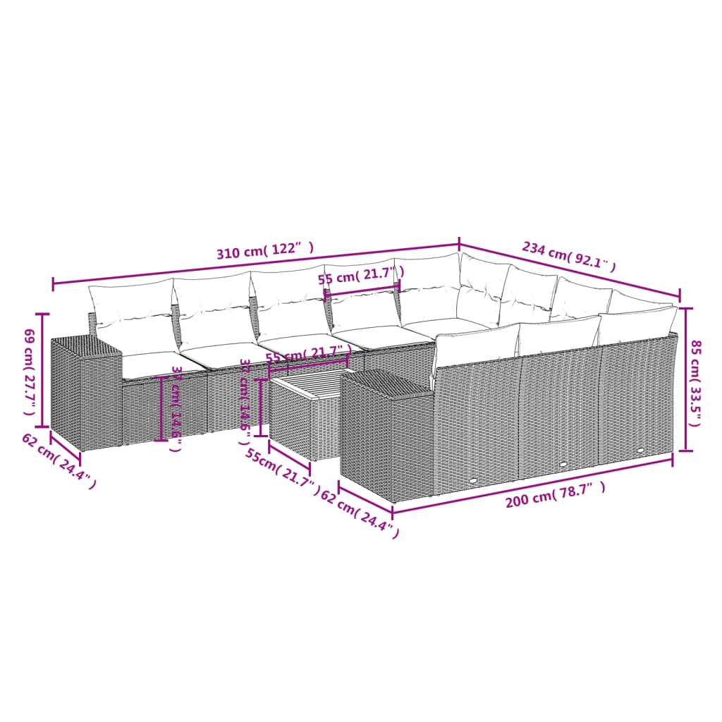 Set Divani da Giardino 11 pz con Cuscini in Polyrattan Grigio 3225626