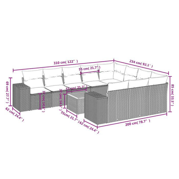 Set Divani da Giardino 11 pz con Cuscini in Polyrattan Grigio 3225626