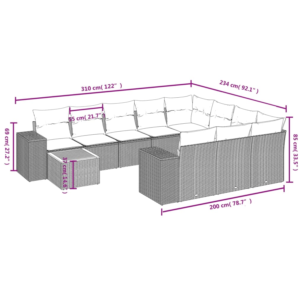 Set Divani da Giardino 11 pz con Cuscini Beige in Polyrattan 3225632