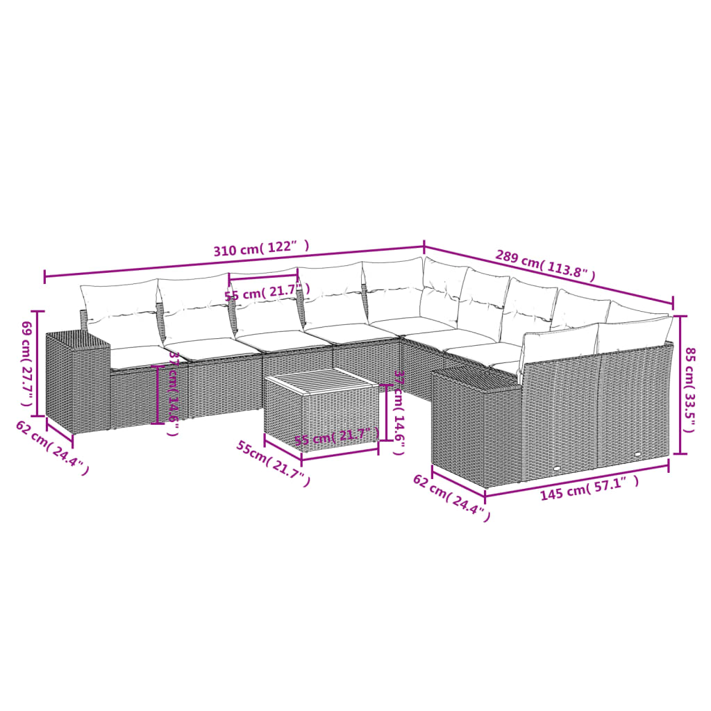 Set Divani da Giardino 11 pz con Cuscini in Polyrattan Nero 3225635