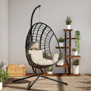 Sedia a Uovo Sospesa con Supporto Beige in Polyrattan e Acciaio 4007411