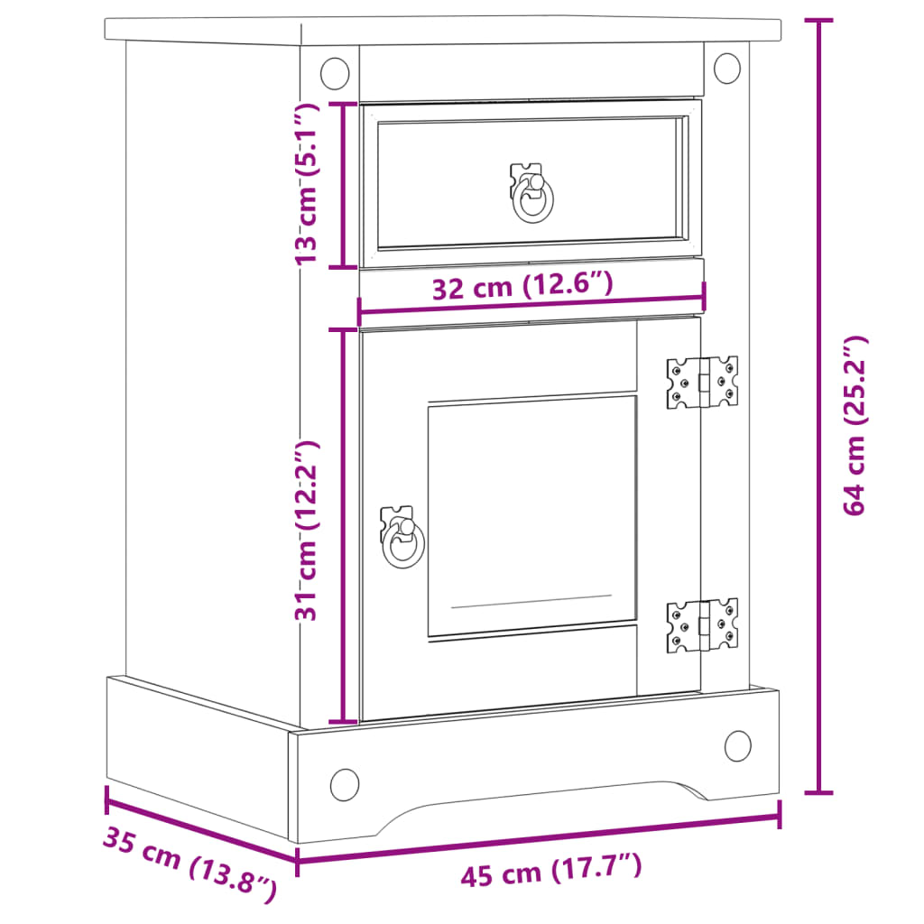 Comodino Corona 45x35x64 cm in Legno Massello di Pino 4005655