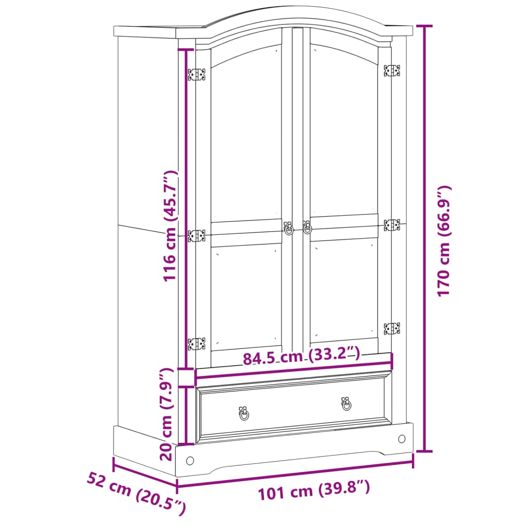 Armadio Corona 101x52x170 cm in Legno Massello di Pino 4005662