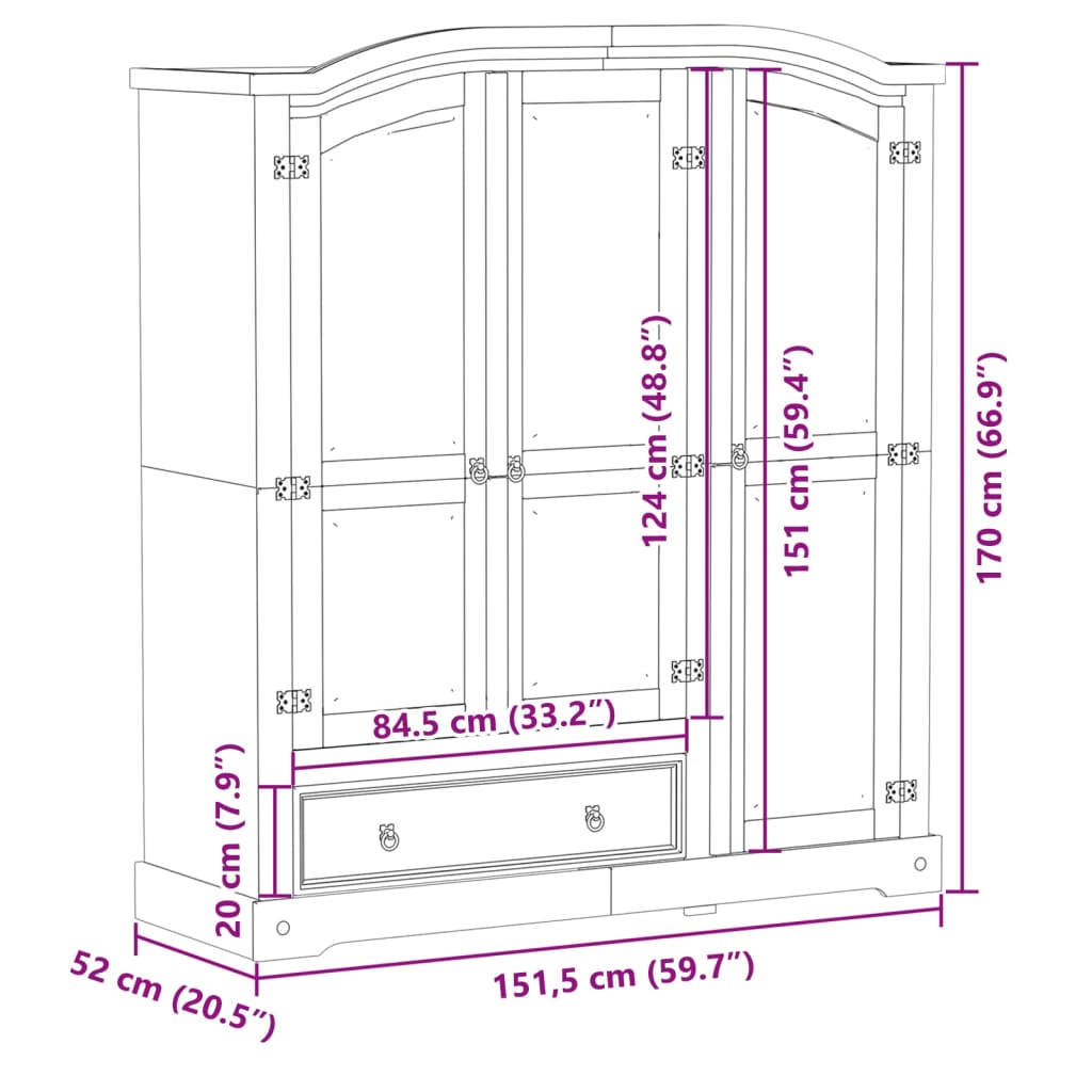 Armadio Corona 151,5x52x170 cm in Legno Massello di Pino 4005663