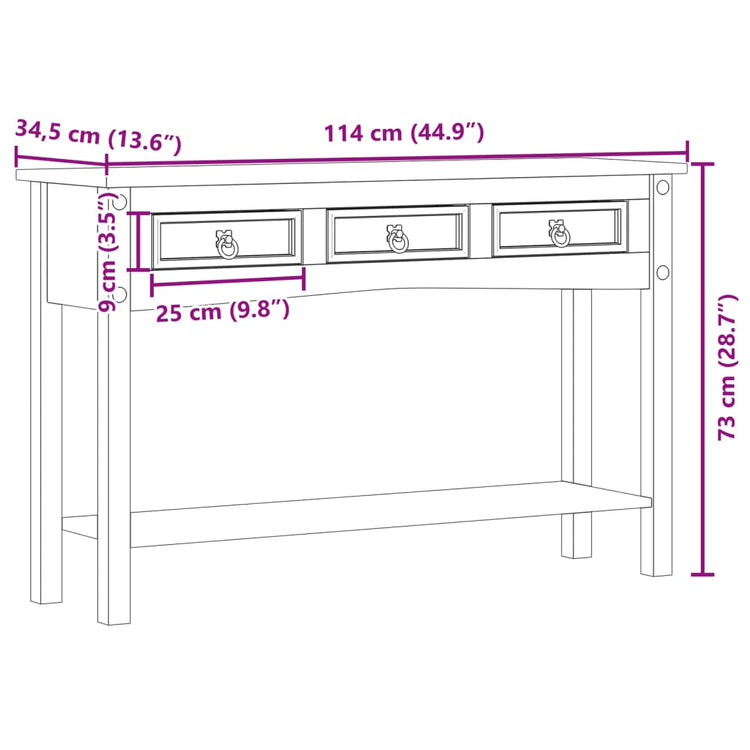 Tavolino Consolle Corona 114x34,5x73 cm Legno Massello di Pino 4005666