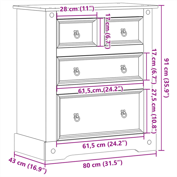 Cassettiera Corona 80x43x91 cm in Legno Massello di Pino 4005670