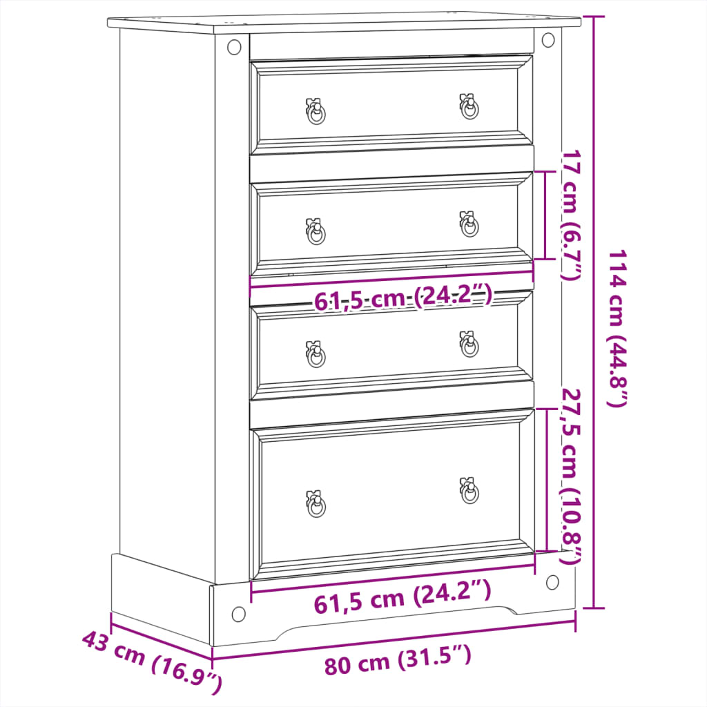 Cassettiera Corona 80x43x114 cm in Legno Massello di Pino 4005672