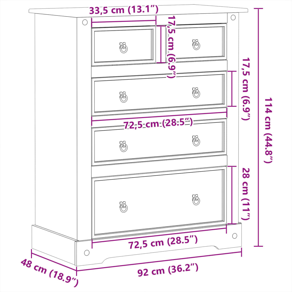 Cassettiera Corona 92x48x114 cm in Legno Massello di Pino 4005674