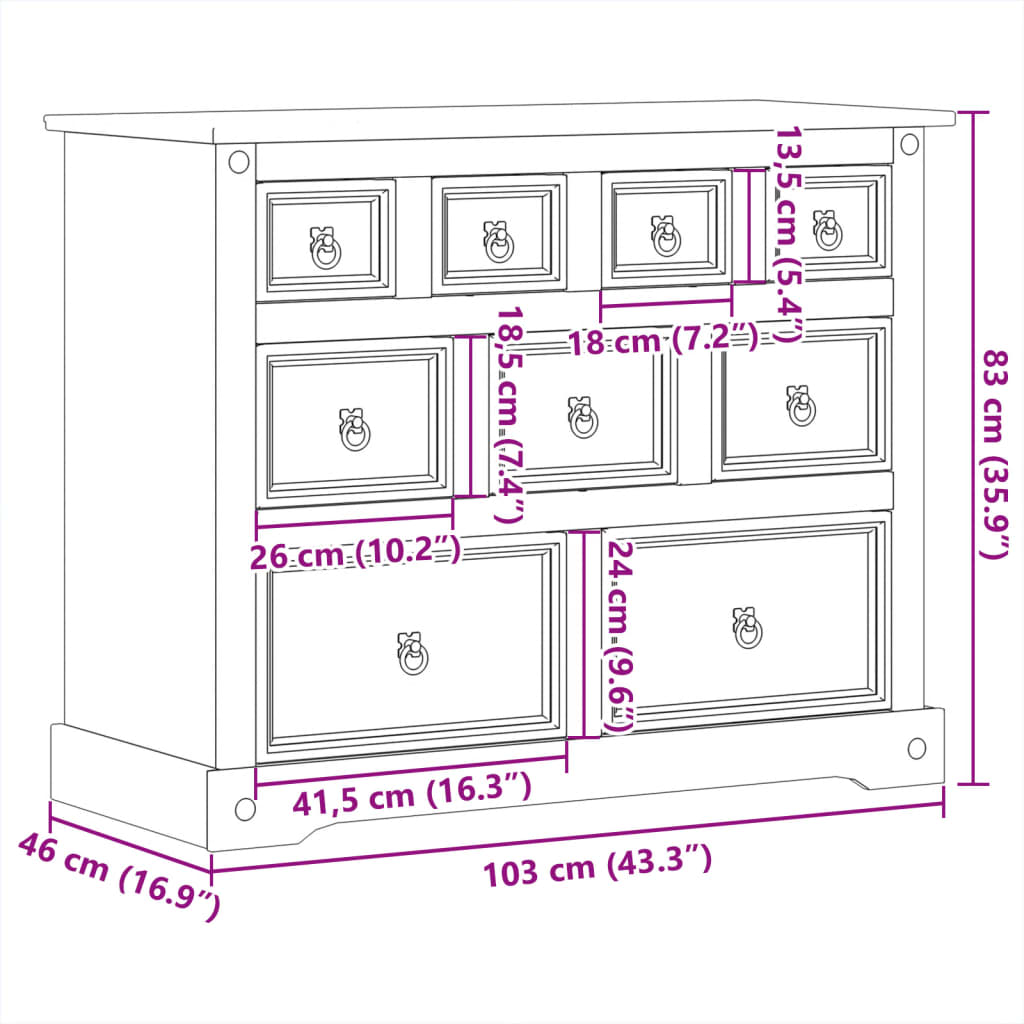 Cassettiera Corona 103x46x83 cm in Legno Massello di Pino 4005678