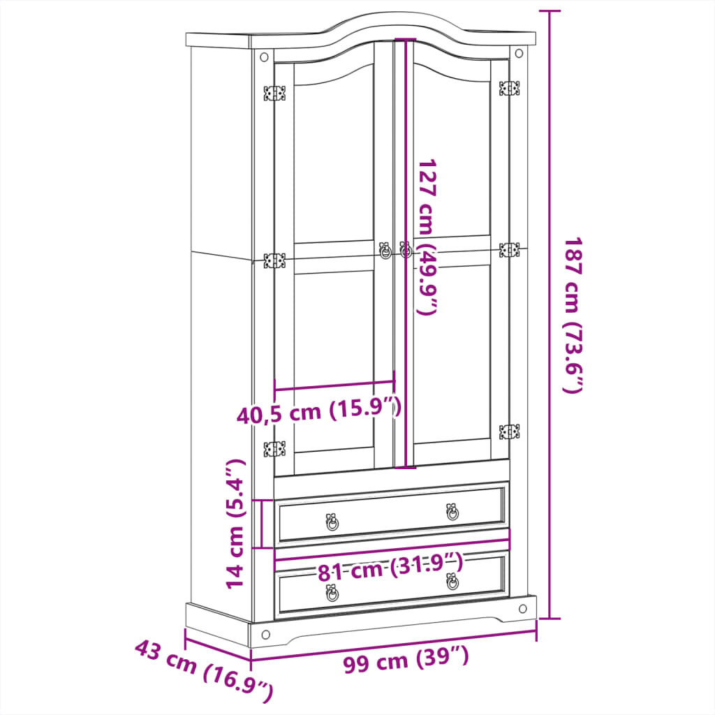 Vetrina Corona 99x43x187 cm in Legno Massello di Pino 4005682