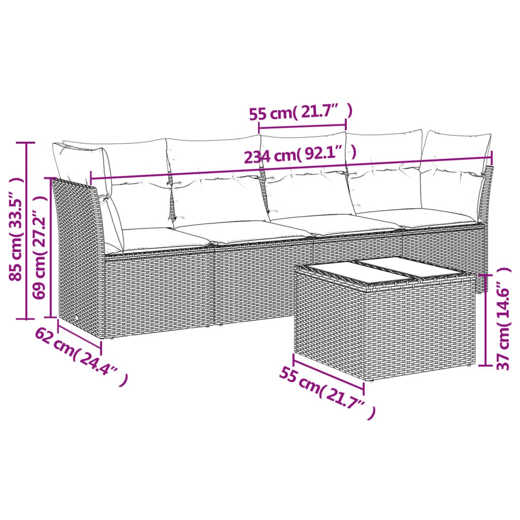 Set Divani da Giardino 5 pz con Cuscini in Polyrattan Nero 3249075