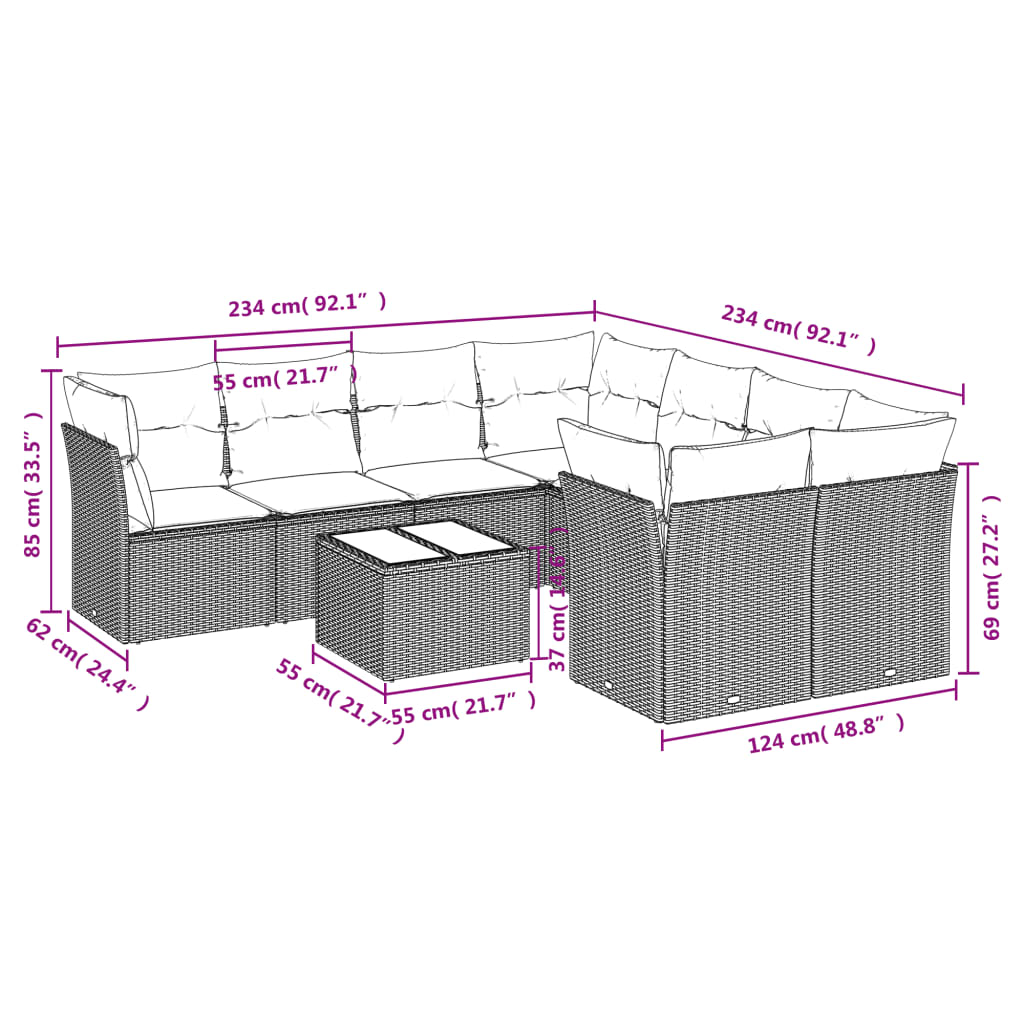 Set Divani da Giardino 9 pz con Cuscini Nero in Polyrattan 3249154