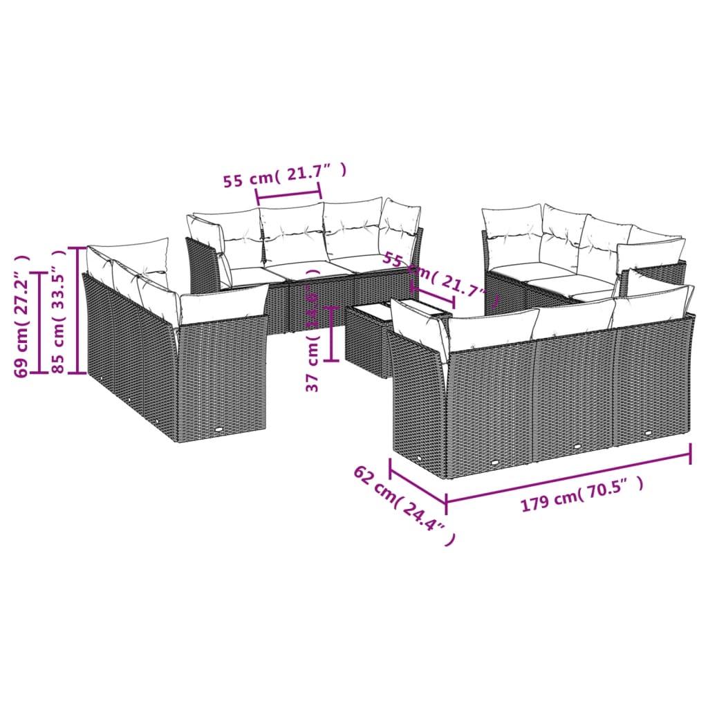 Set Divani da Giardino 13pz con Cuscini Nero in Polyrattan 3249174