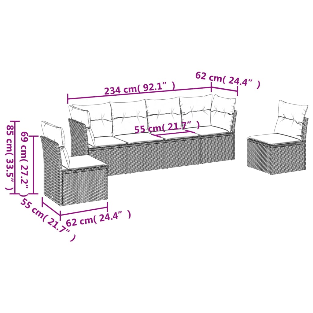 Set Divano da Giardino 6 pz con Cuscini Nero in Polyrattan 3249204