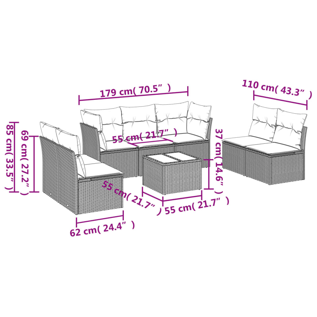 Set Divani da Giardino con Cuscini 8 pz Nero in Polyrattan 3249255