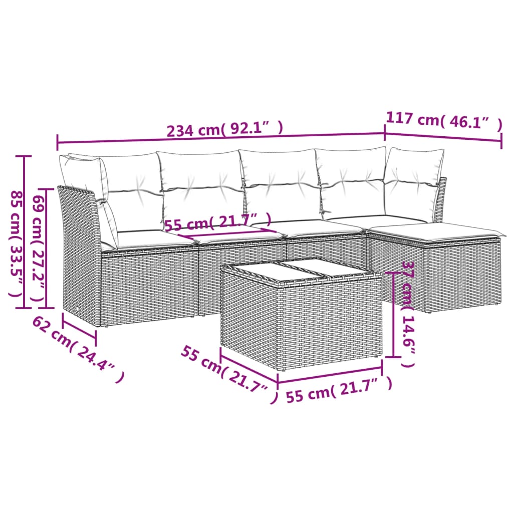 Set Divano da Giardino 6 pz con Cuscini Nero in Polyrattan 3249404