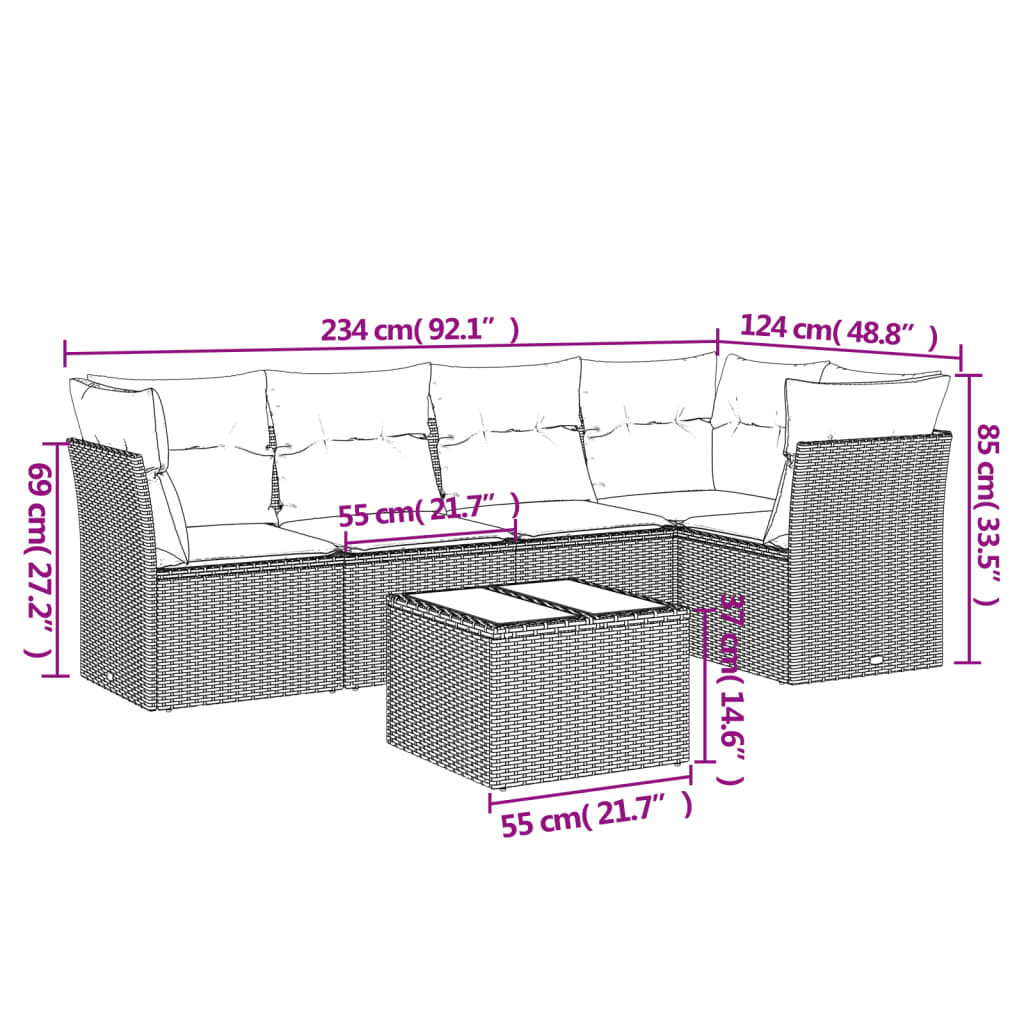 Set Divano da Giardino 6 pz con Cuscini Nero in Polyrattan 3249445