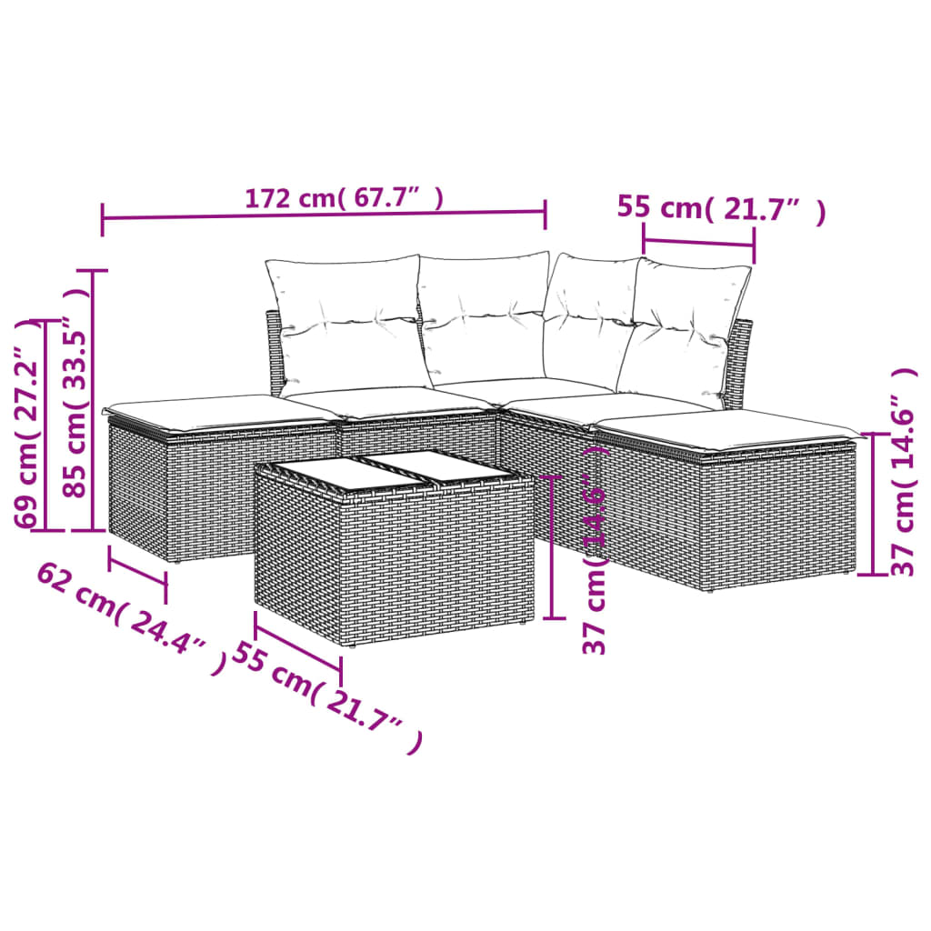 Set Divano da Giardino 6 pz con Cuscini Nero in Polyrattan 3249564