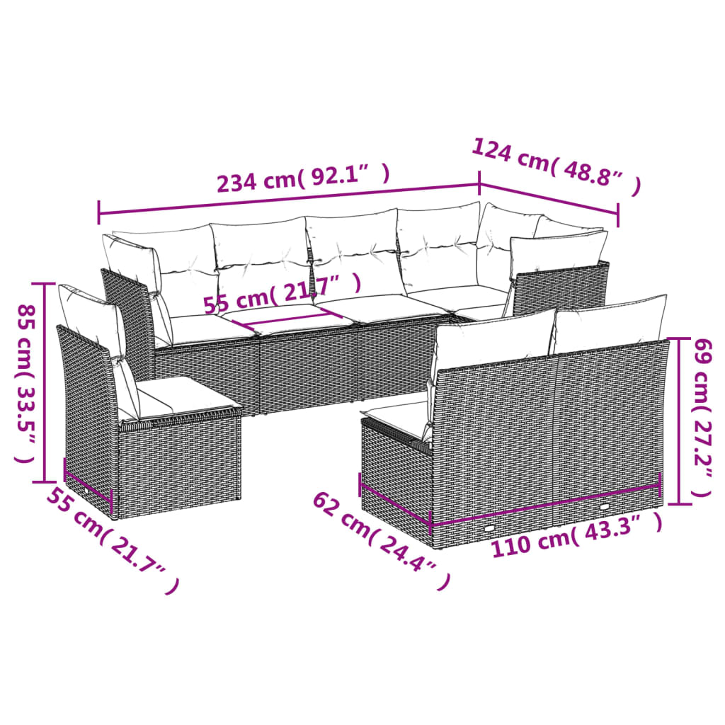 Set Divani da Giardino con Cuscini 8 pz Nero in Polyrattan 3249595