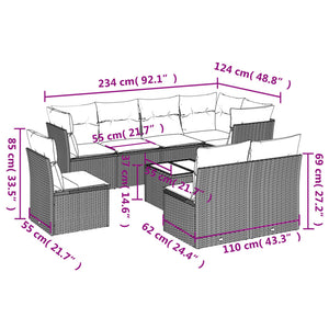 Set Divani da Giardino 9 pz con Cuscini Nero in Polyrattan 3249605