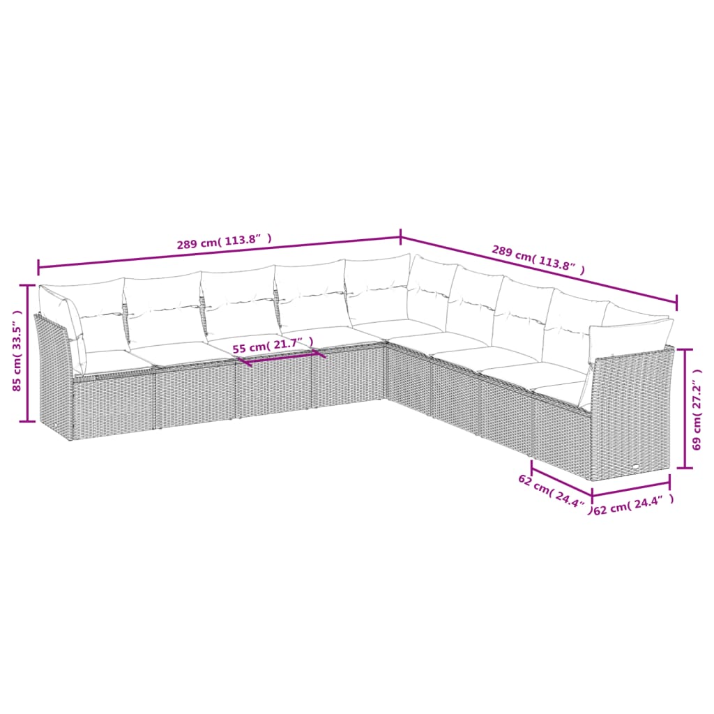 Set Divani da Giardino 9pz con Cuscini Marrone in Polyrattan 3249622