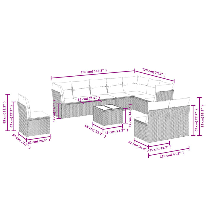 Set Divani da Giardino 11 pz con Cuscini in Polyrattan Grigio 3249651