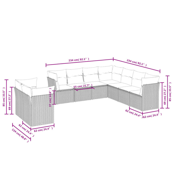 Set Divani da Giardino 9 pz con Cuscini Nero in Polyrattan 3249675