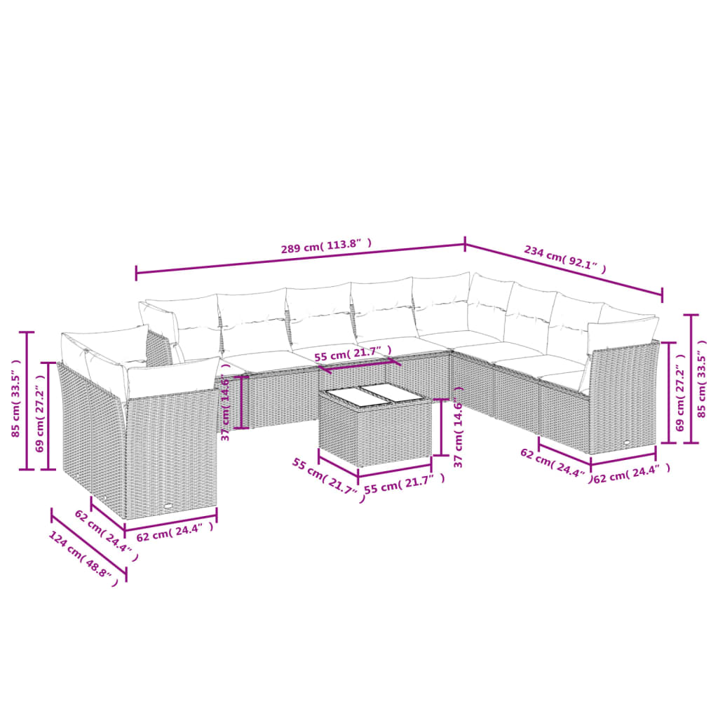 Set Divani da Giardino 11 pz con Cuscini in Polyrattan Grigio 3249709