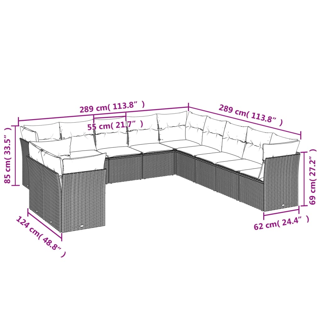 Set Divani da Giardino 11 pz con Cuscini in Polyrattan Nero 3249715