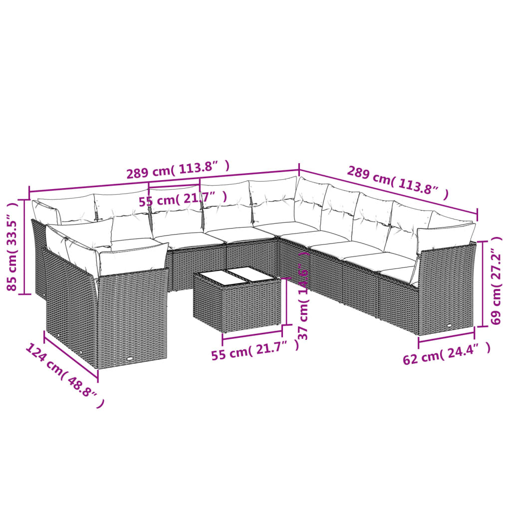 Set Divani da Giardino 12 pz con Cuscini Nero in Polyrattan 3249725