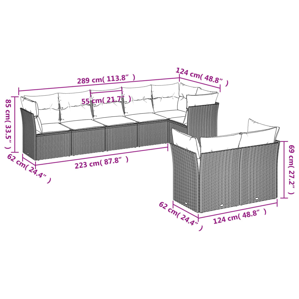 Set Divano da Giardino 8pz con Cuscini Grigio Chiaro Polyrattan 3249751