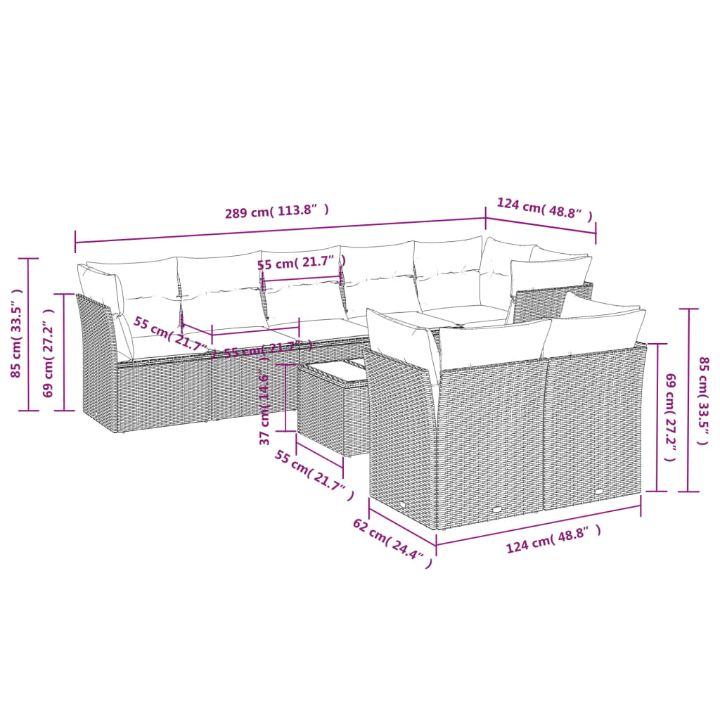 Set Divani da Giardino 9 pz con Cuscini Nero in Polyrattan 3249754