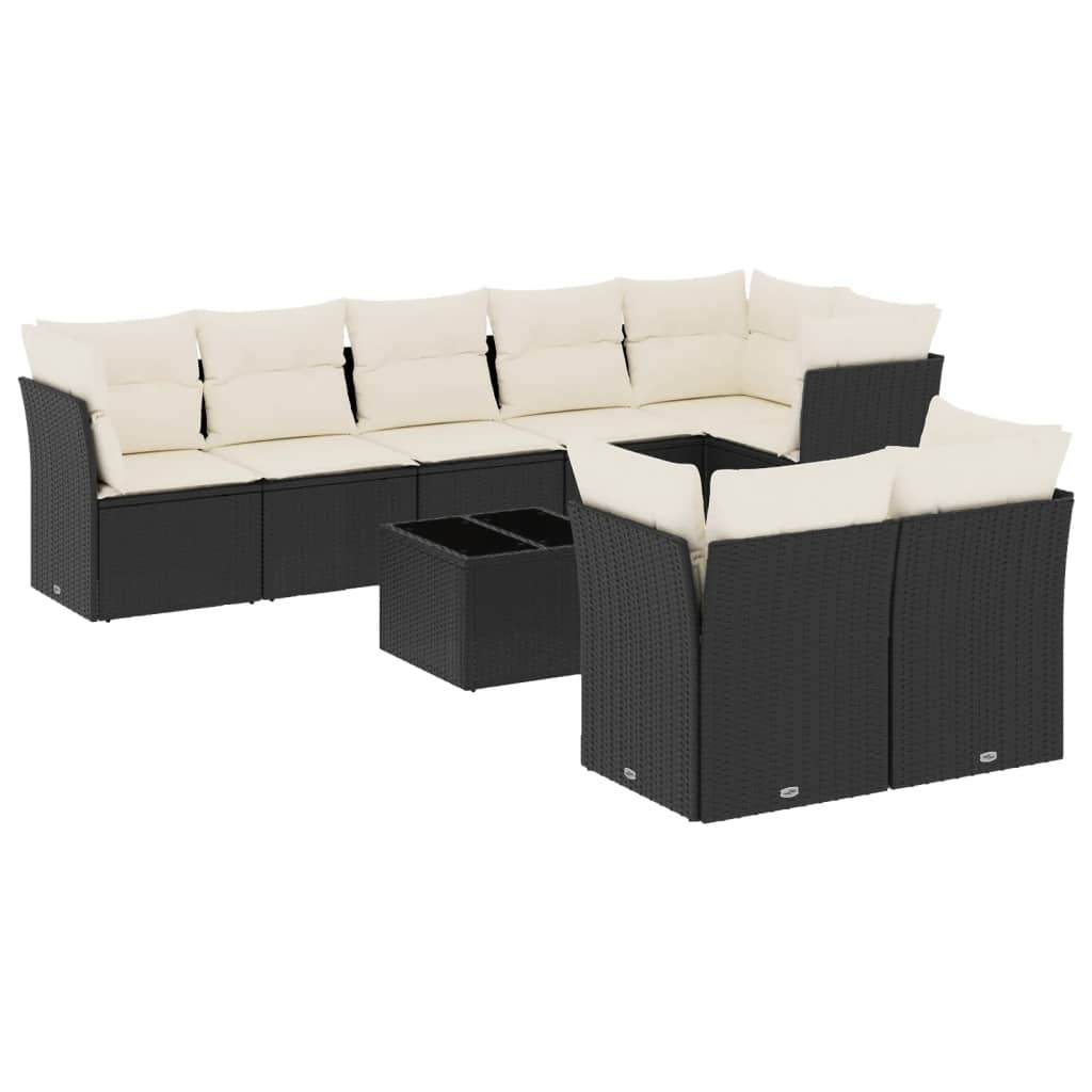 Set Divani da Giardino 9 pz con Cuscini Nero in Polyrattan 3249755