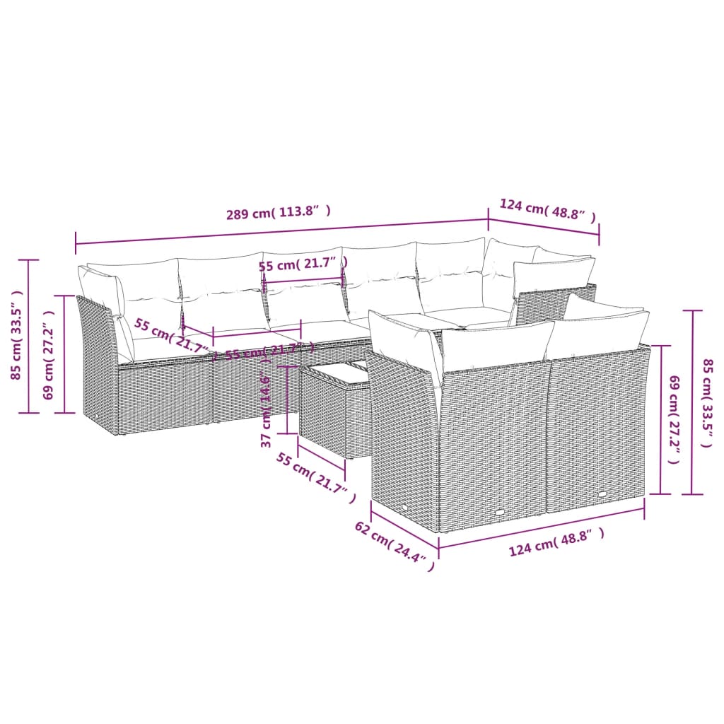 Set Divano da Giardino 9pz con Cuscini Grigio Chiaro Polyrattan 3249761