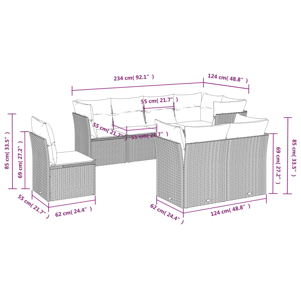 Set Divani da Giardino 8 pz con Cuscini Marrone in Polyrattan 3249772