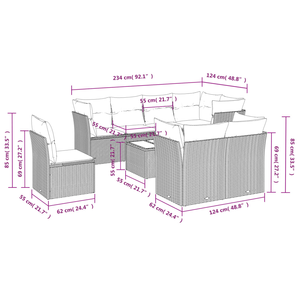 Set Divani da Giardino 9 pz con Cuscini Nero in Polyrattan 3249775