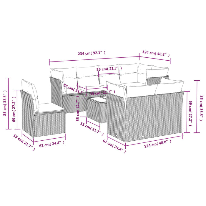 Set Divano da Giardino 9 pz con Cuscini Grigio in Polyrattan 3249779