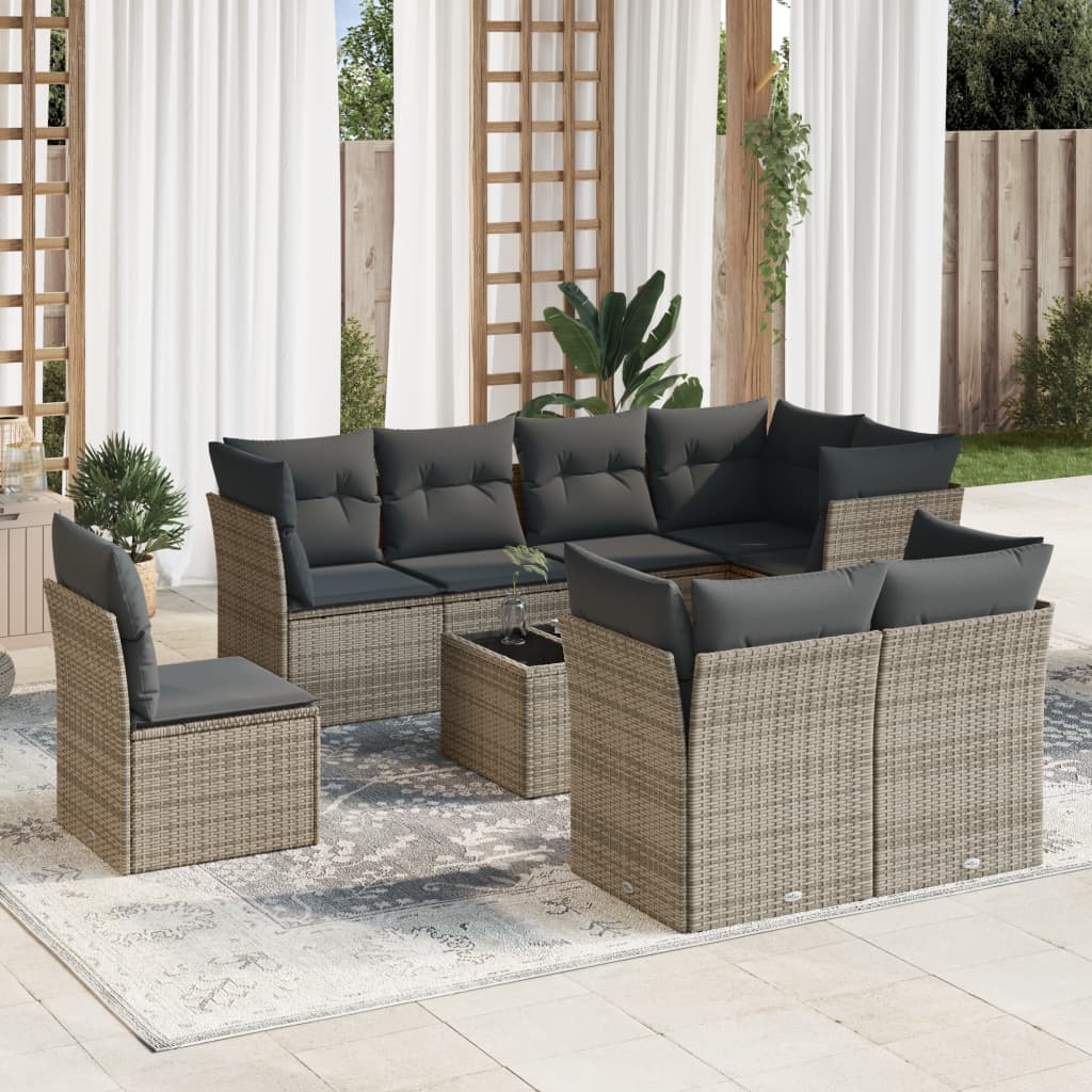 Set Divano da Giardino 9 pz con Cuscini Grigio in Polyrattan 3249779