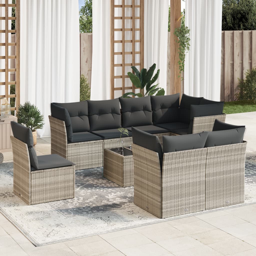 Set Divano da Giardino 9pz con Cuscini Grigio Chiaro Polyrattan 3249781