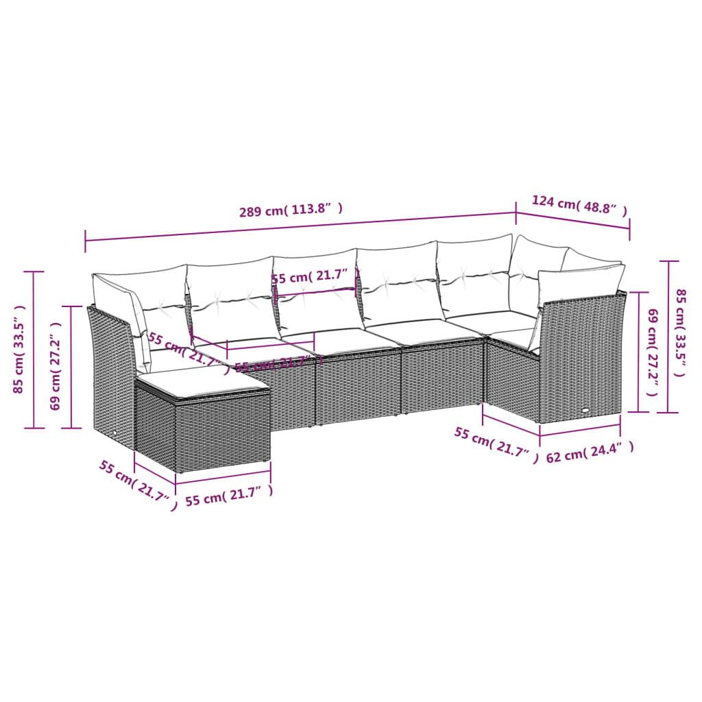 Set Divani da Giardino 7 pz con Cuscini Grigio in Polyrattan 3249809