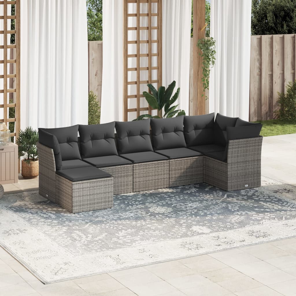 Set Divani da Giardino 7 pz con Cuscini Grigio in Polyrattan 3249809