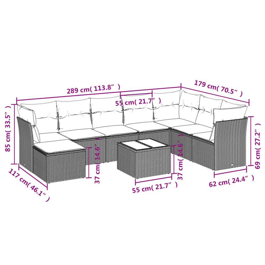 Set Divani da Giardino 9 pz con Cuscini Nero in Polyrattan 3249894