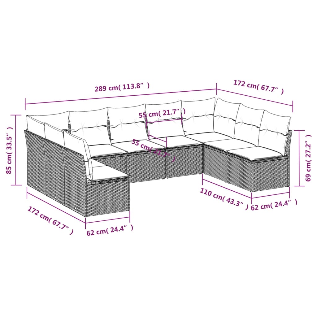 Set Divano da Giardino 9 pz con Cuscini Beige in Polyrattan 3249908