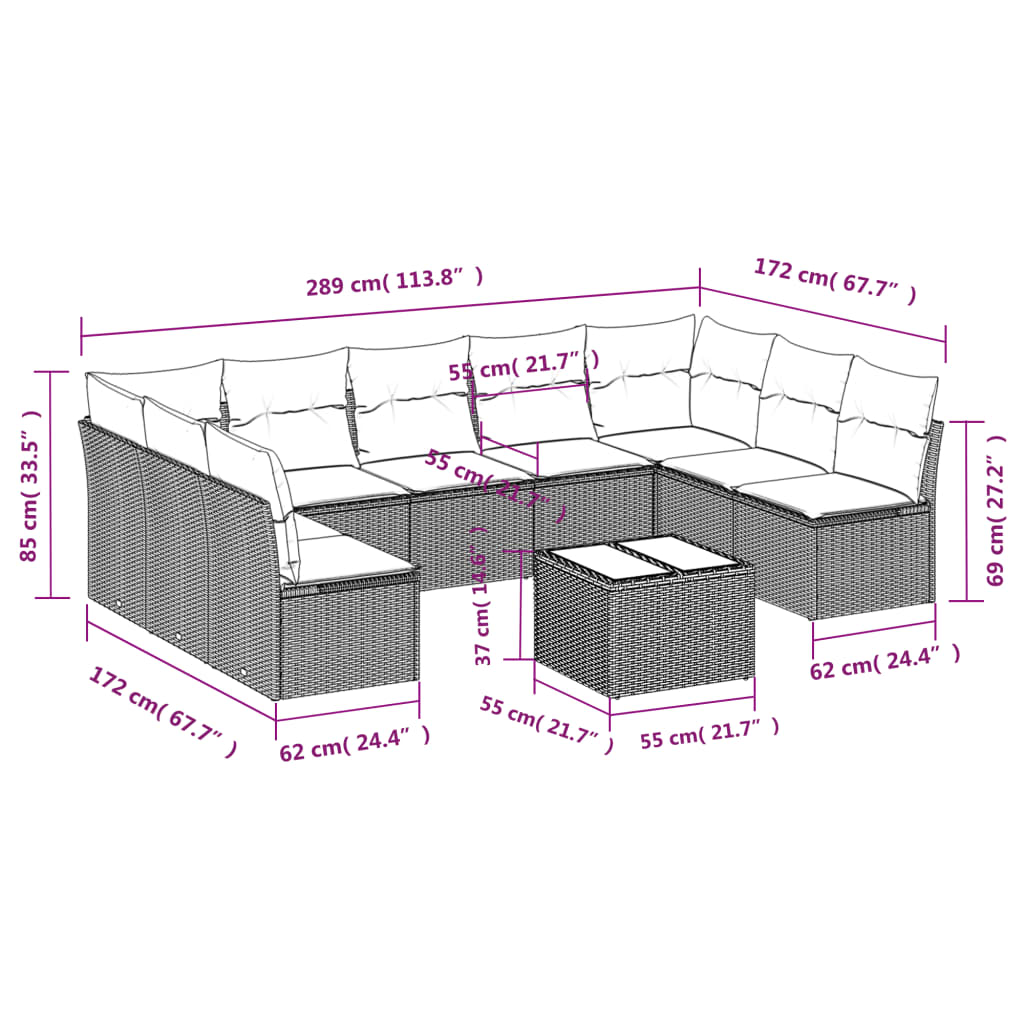 Set Divano da Giardino 10 pz con Cuscini Grigio in Polyrattan 3249919