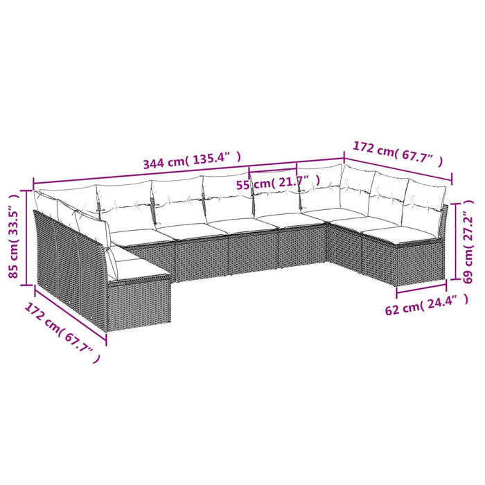 Set Divano Giardino 10 pz con Cuscini Grigio Chiaro Polyrattan 3249931